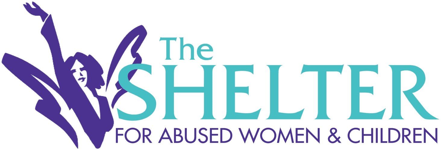 Logo for The Shelter, a purple silhouette of a woman with wings, teal text: 