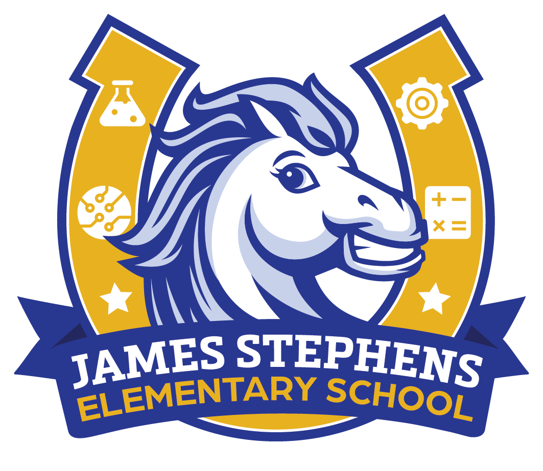 James Stephens Elementary School logo: smiling horse head within a yellow horseshoe, surrounded by education icons, and blue text.