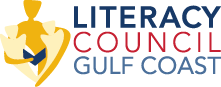 Logo of Literacy Council Gulf Coast. Yellow figures holding a book. Text is blue and red.