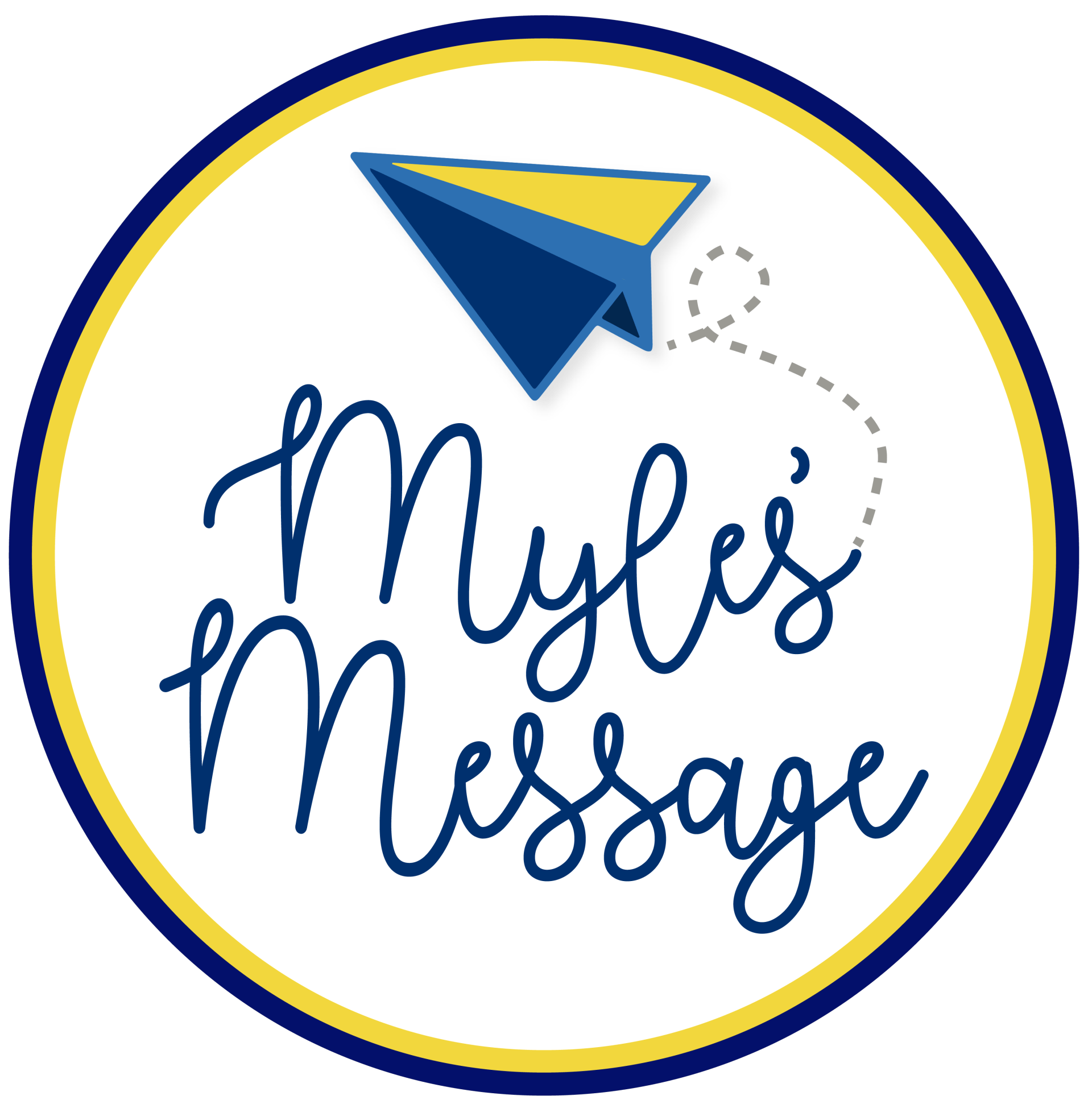 Circular logo: Blue and yellow paper airplane; 