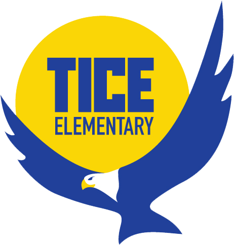 Tice Elementary school logo: blue eagle with wings spread, yellow sun, blue text.