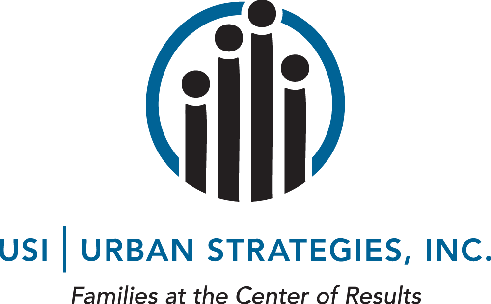 Logo for Urban Strategies, Inc. Blue circle frames 4 black bars topped with white circles, with the company name below.