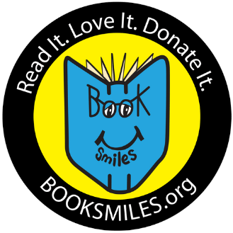 Round emblem: Blue book with smiling face, yellow background, text 