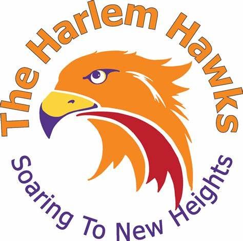 The Harlem Hawks logo: Orange hawk head with purple and red accents, surrounded by text 