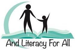 Silhouette of a person holding hands with a child above an open book. Teal design with 