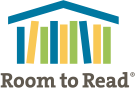 Logo for Room to Read: Books shaped like a house under a blue roof. Text reads 
