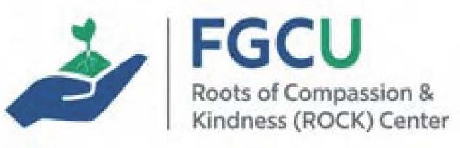 Logo for FGCU Roots of Compassion & Kindness (ROCK) Center: blue hand cradles a green sprout, text 