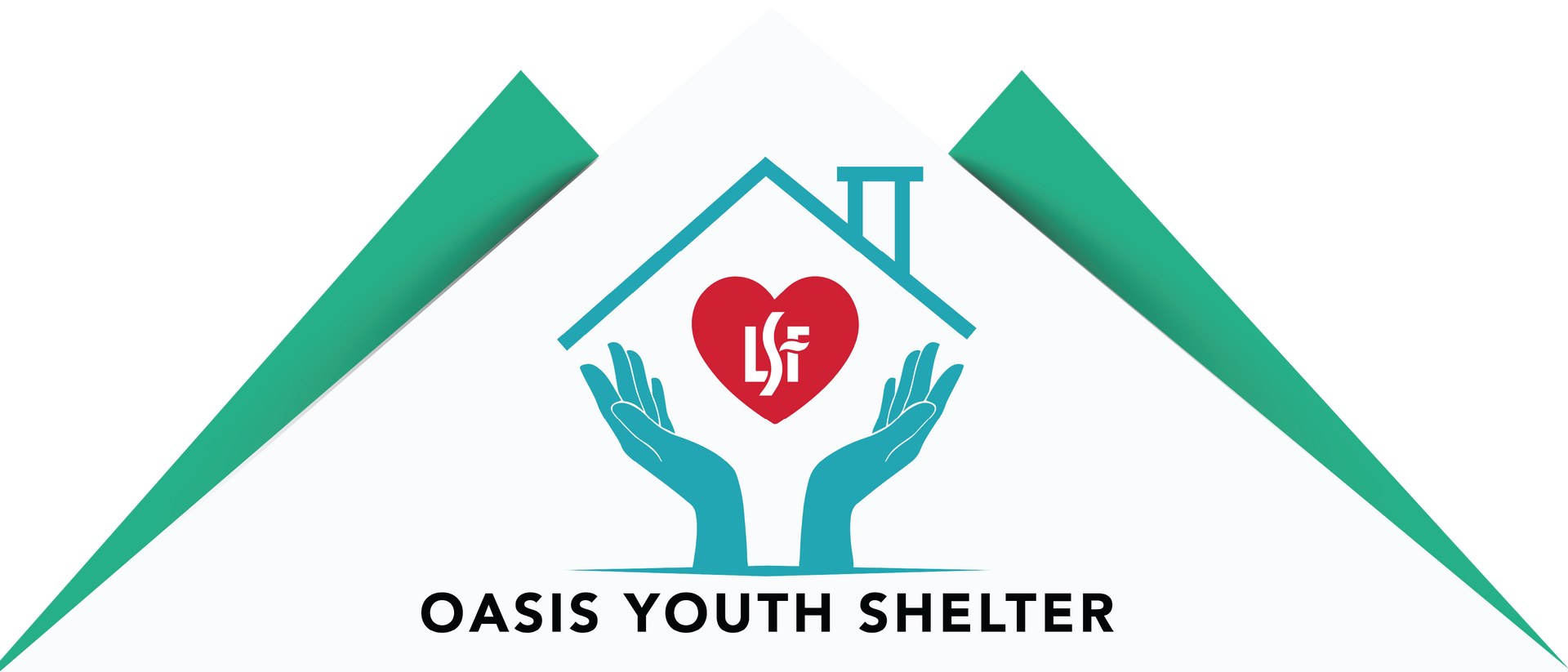 Logo of the Oasis Youth Shelter, featuring a house, hands, heart, and teal accents.
