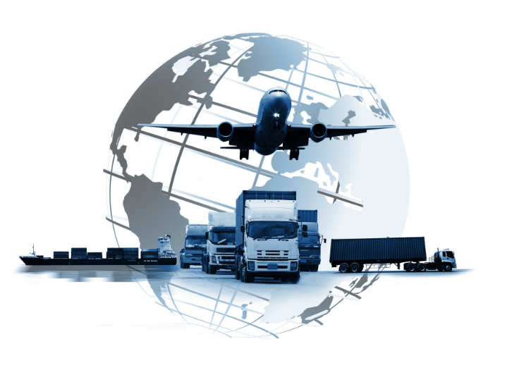 Global transportation: Airplane, trucks, ship, globe backdrop.