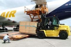 A yellow forklift loads wooden crates onto a cargo plane, with a worker guiding the process outdoors.