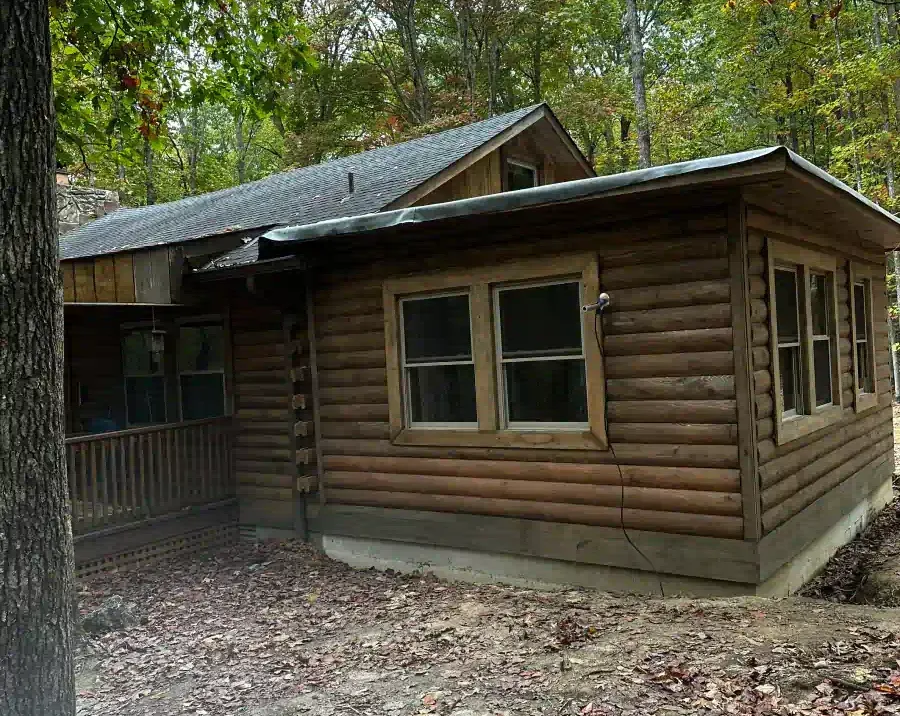A log cabin in the woods with a tree in front of it