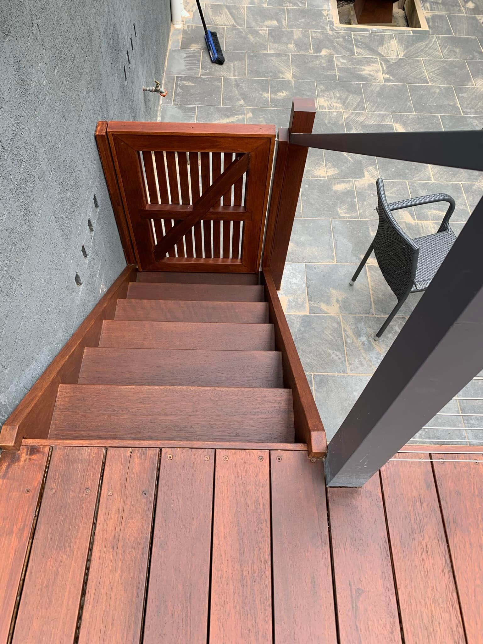 Wooden Outdoor Staircase With Gate and Decking — Custom Floor Sanding In Gosford, NSW