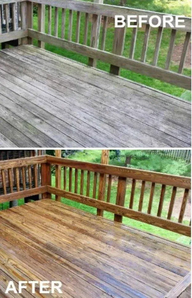Before and after of a wooden deck. Top: weathered gray wood. Bottom: clean, stained wood with visible grain.