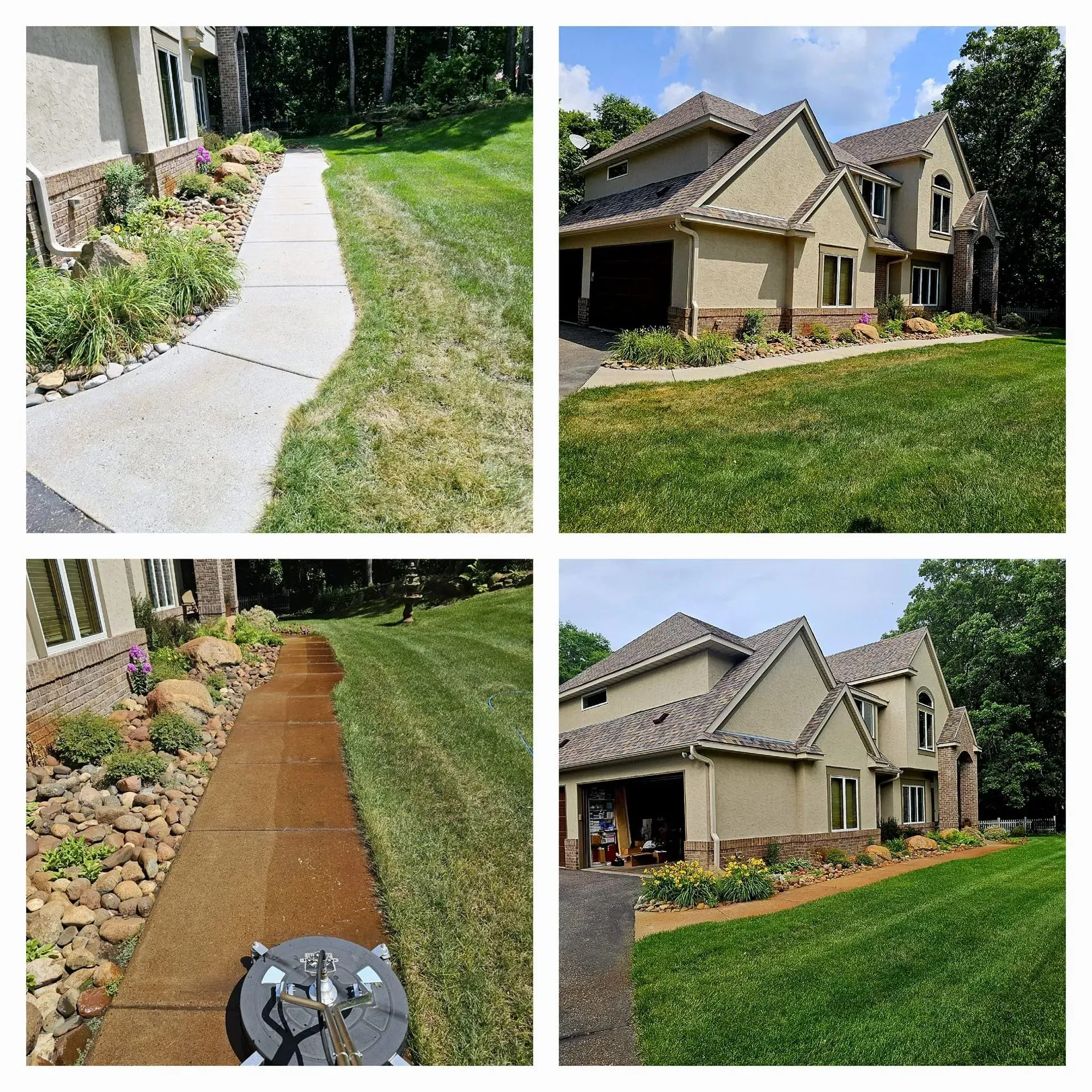 Four photos: House exterior with before and after views of concrete walkway and lawn cleaning.