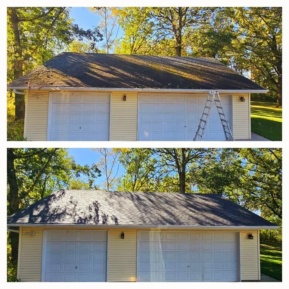 Before and after of a garage roof cleaned. The top shows a mossy roof. The bottom shows a clean, dark roof.