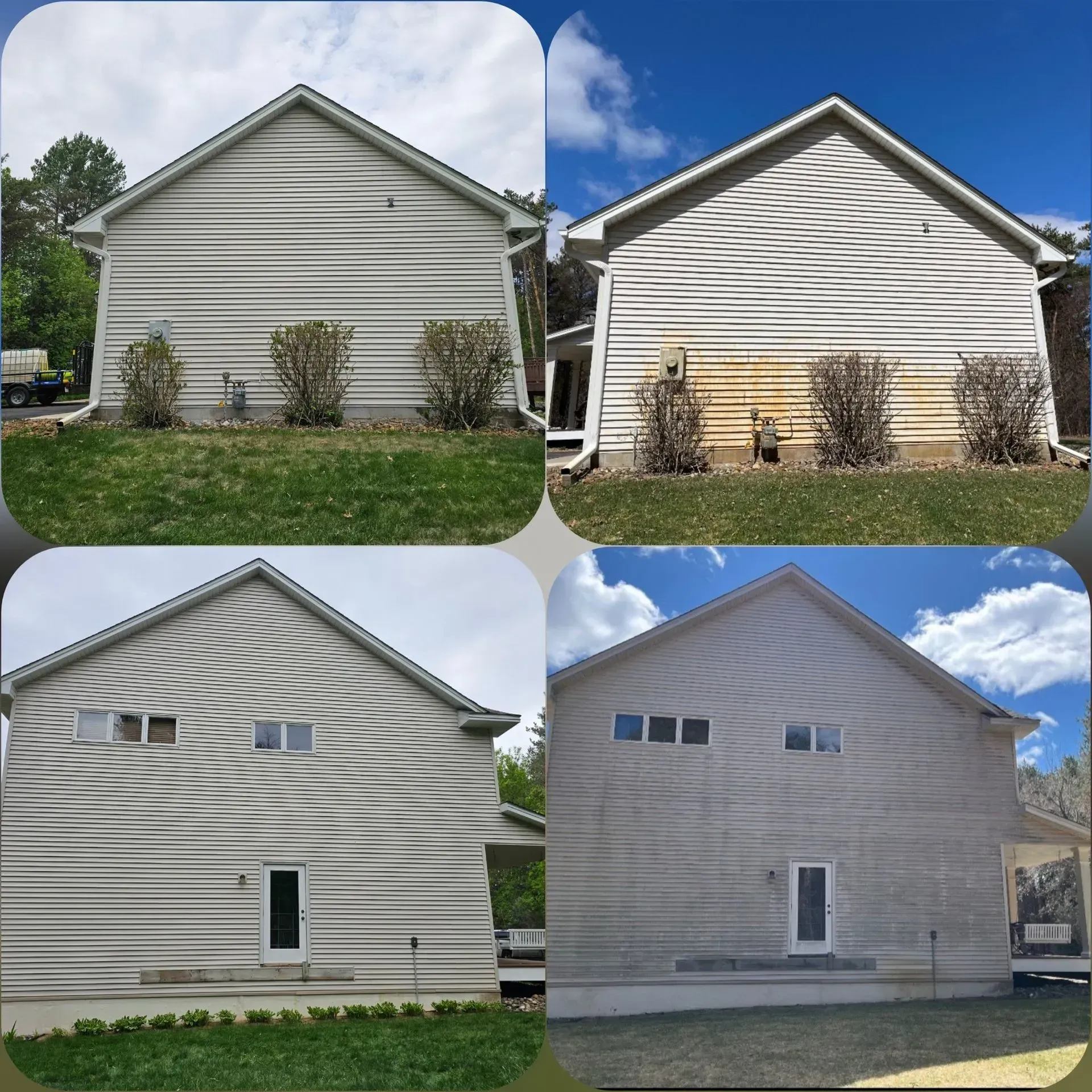 Four-panel comparison of a house's siding, before and after cleaning. The cleaned siding is significantly lighter.