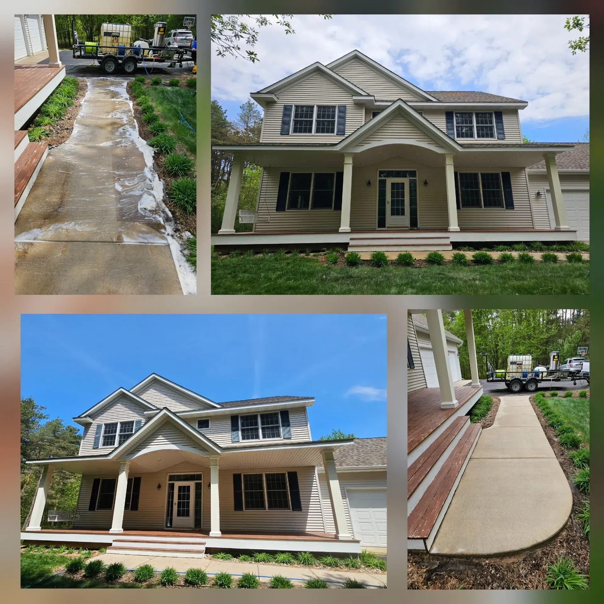 House with new landscaping, concrete walkway, and truck in the driveway.