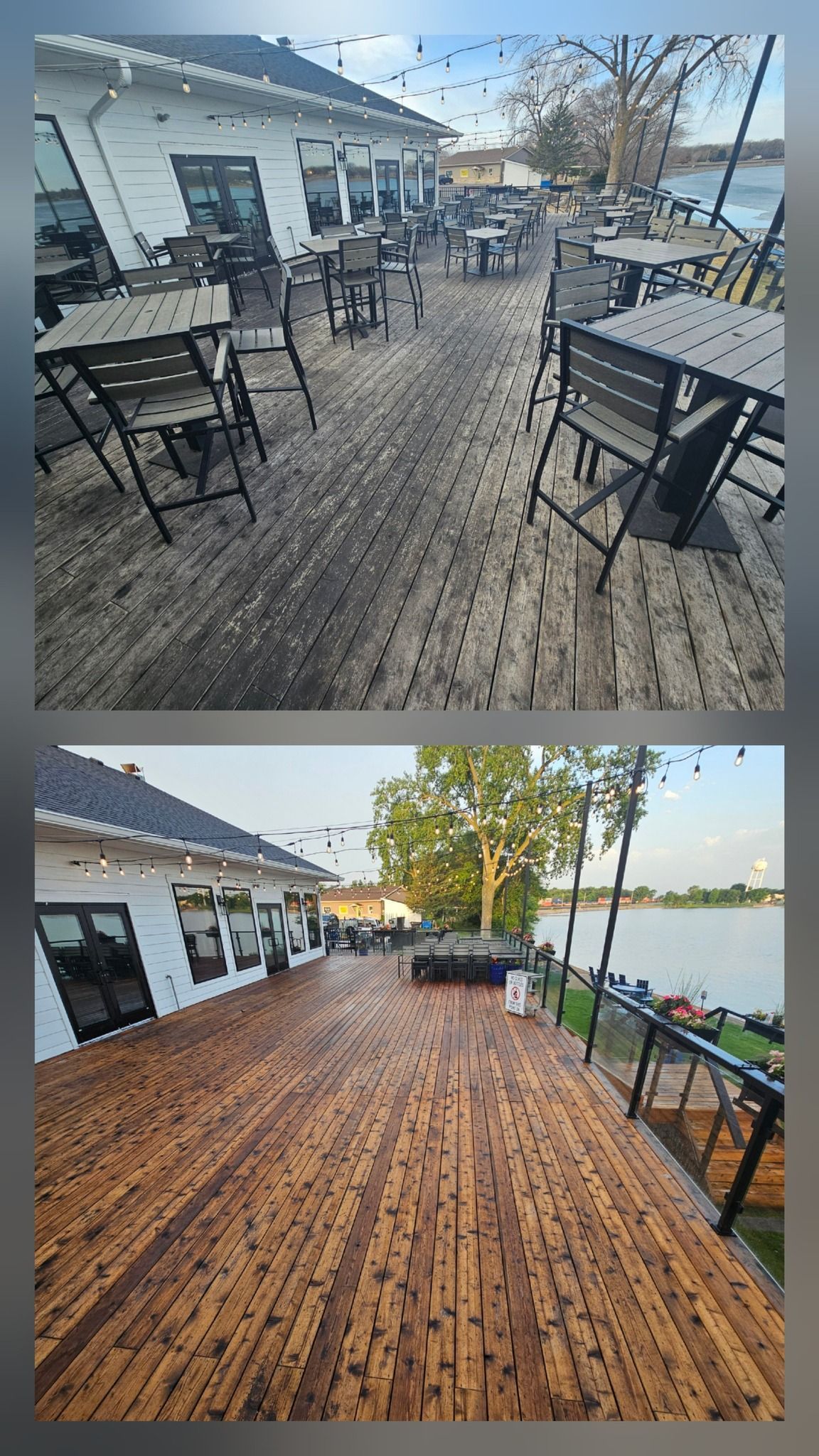 Two outdoor restaurant deck views, one with tables, one empty, both with a waterfront view.