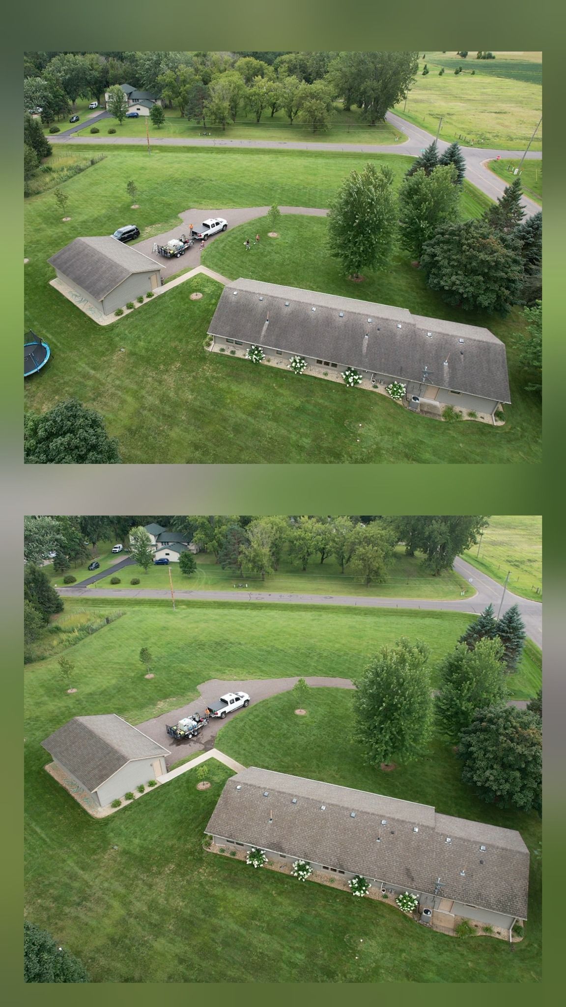 Two aerial views of a tan building with a dark roof on a grassy field, vehicles parked nearby, trees, and roads.