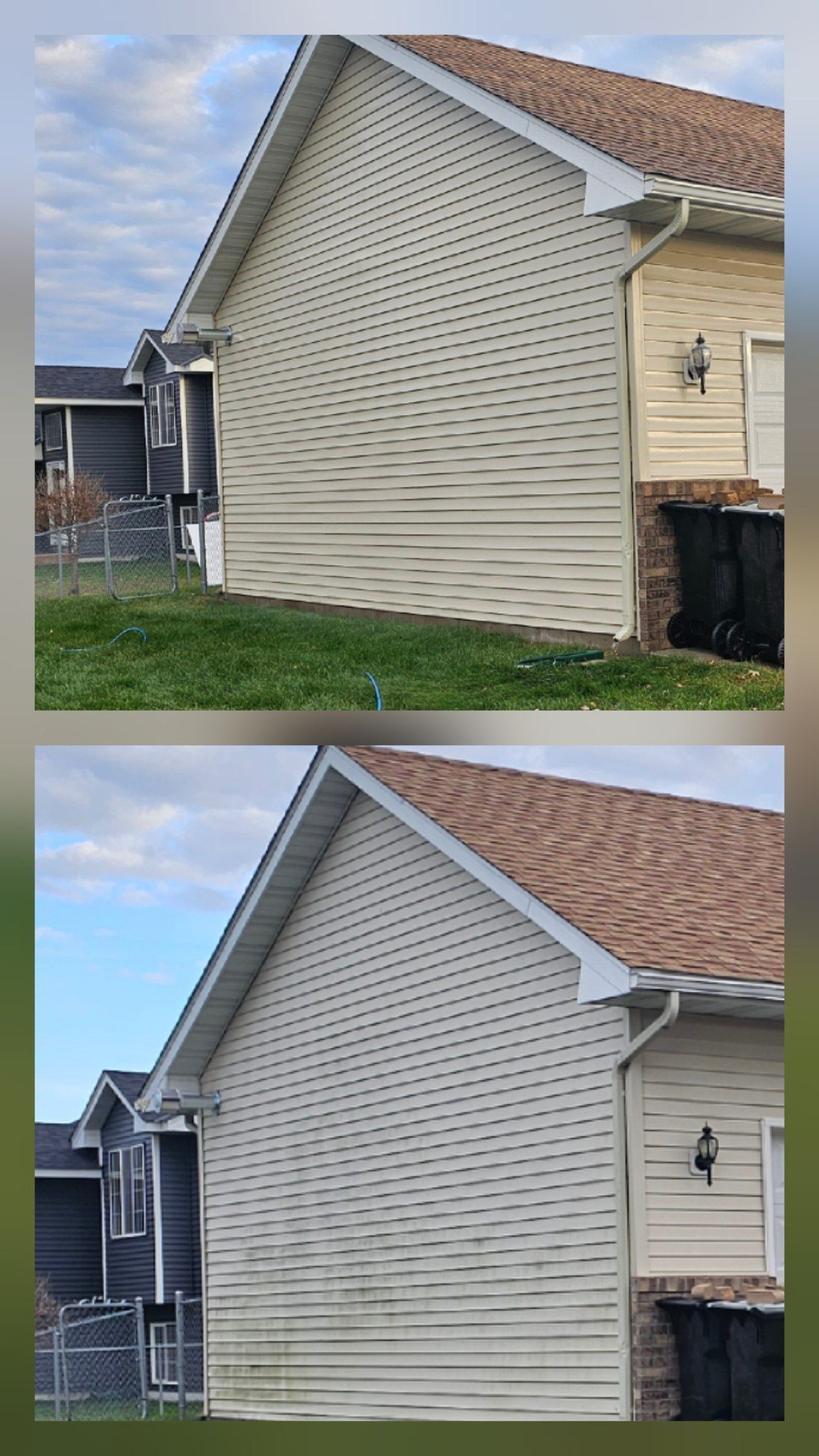 Two-panel comparison of a house side. Top image: dirty siding. Bottom image: cleaned siding, same house.