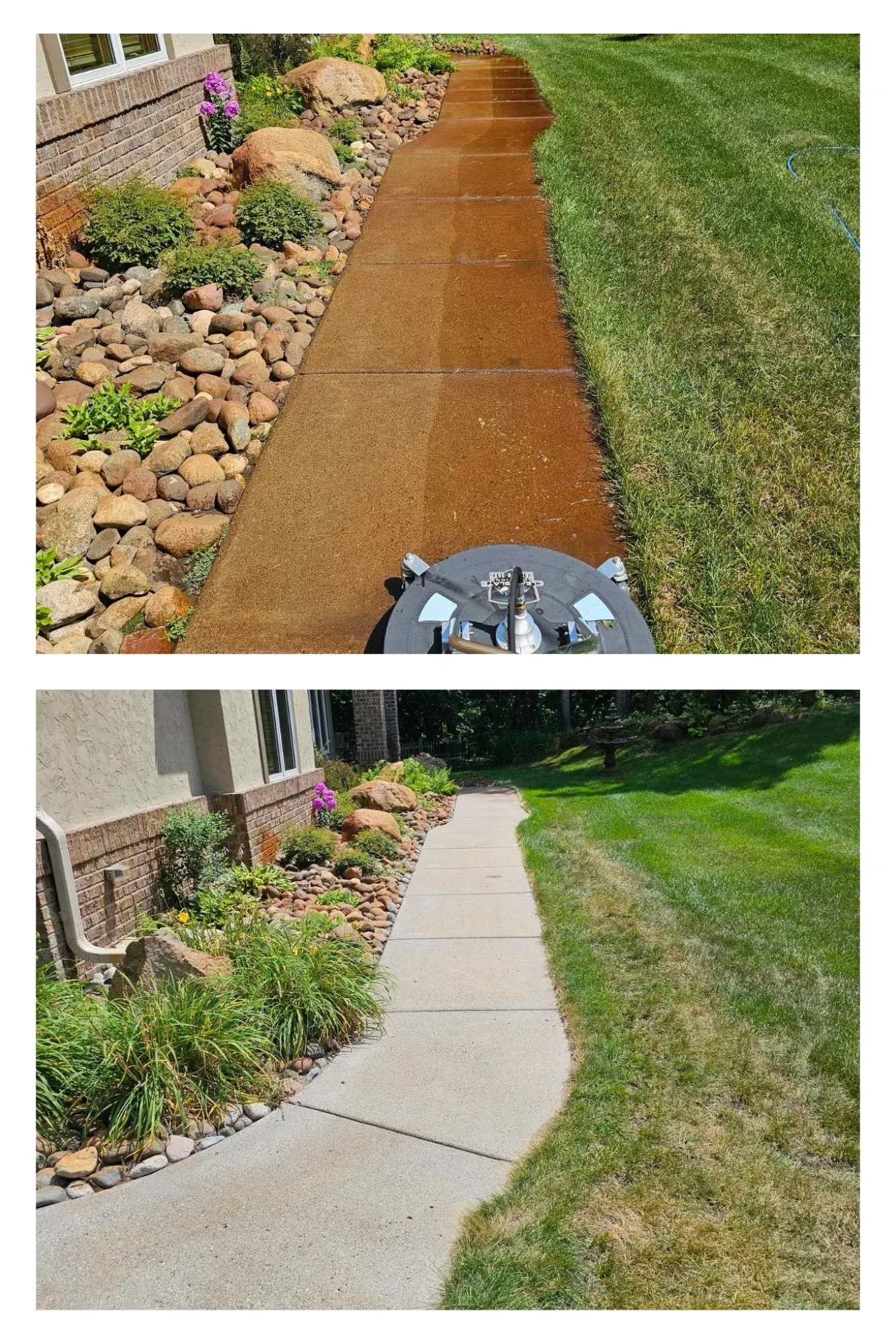 Sidewalk being pressure washed, showing before and after. Concrete cleaning removes dirt, leaving clean path.