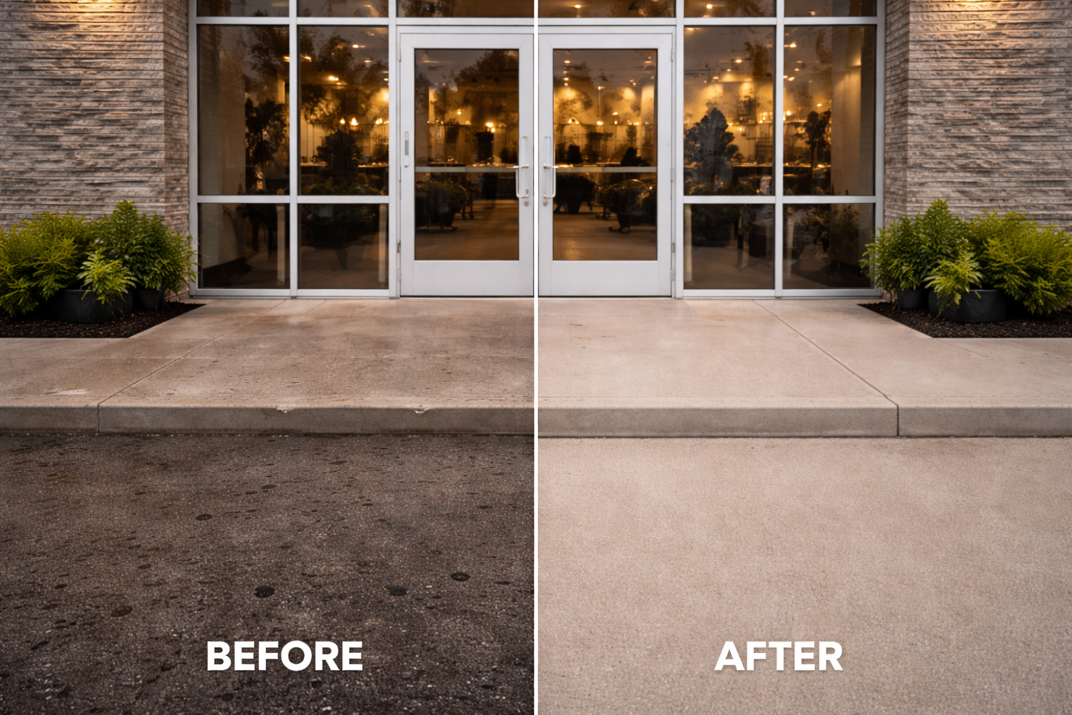 Window washer suspended on a high-rise building, cleaning glass panels. Clear blue sky.
