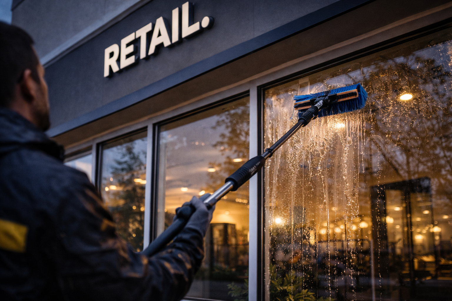 Workers in a window washing platform cleaning the windows of a high-rise building.
