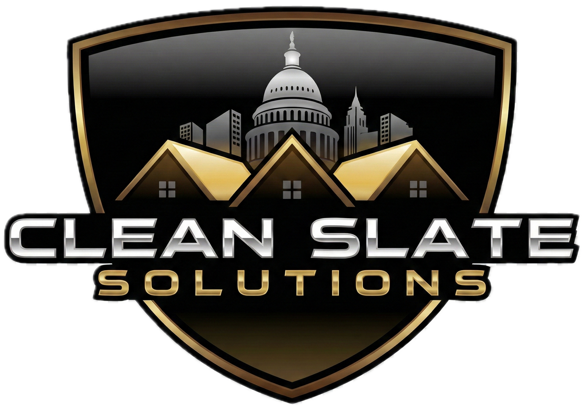 Clean Slate Solutions logo: Shield with city skyline and rooftops, gold and black colors.