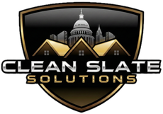 Clean Slate Solutions logo: Shield with city skyline and rooftops, gold and black colors.