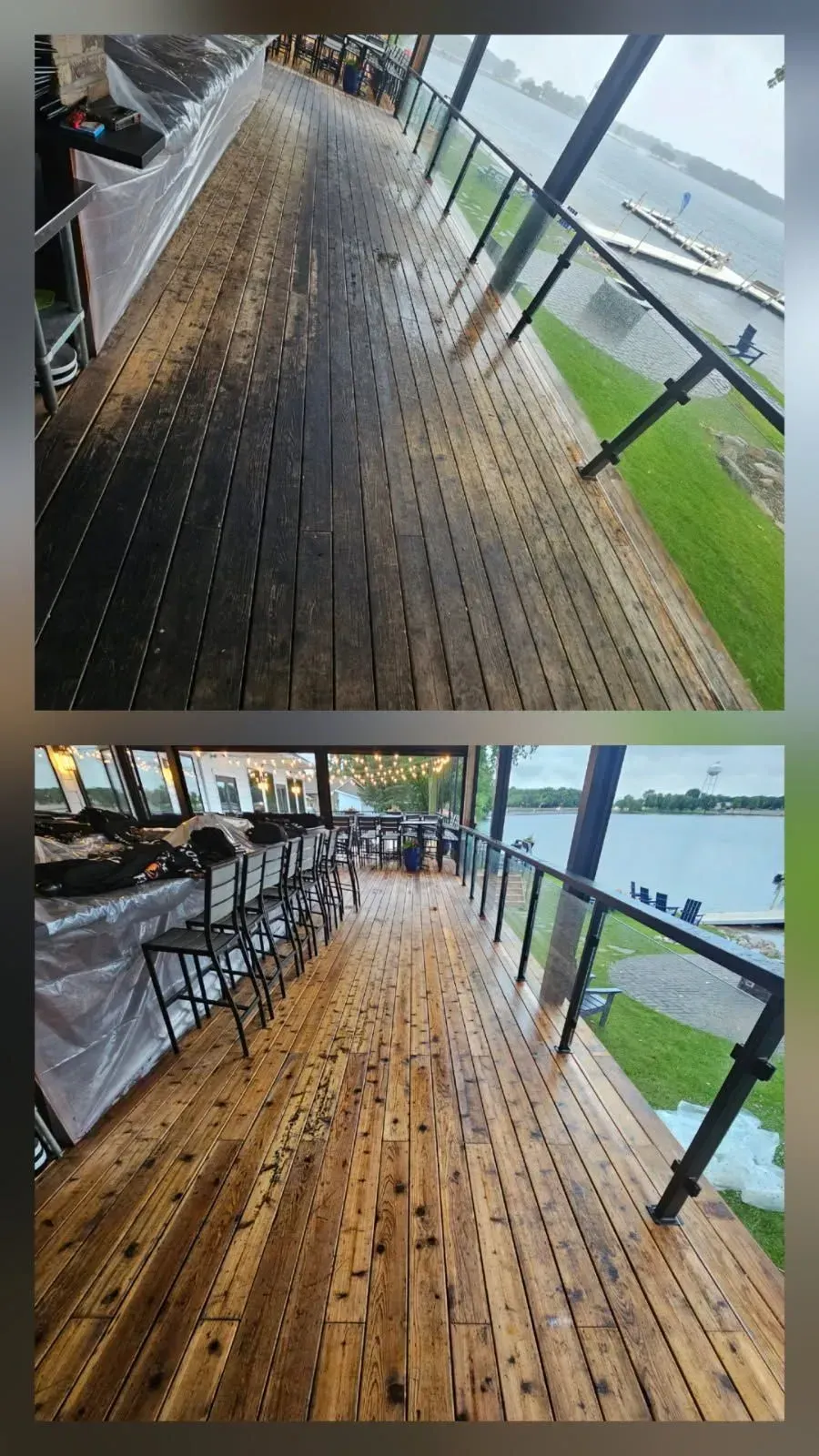Two views of a wooden deck; the top shows a wet, older deck, and the bottom shows the refreshed deck with tables and chairs.