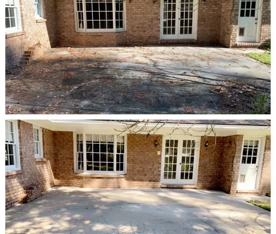 Before and after of a brick house patio: dirty, then clean, with windows and a door.