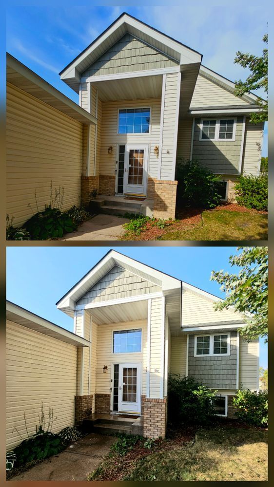 Two-story house before and after a renovation, with updated siding and architectural details.