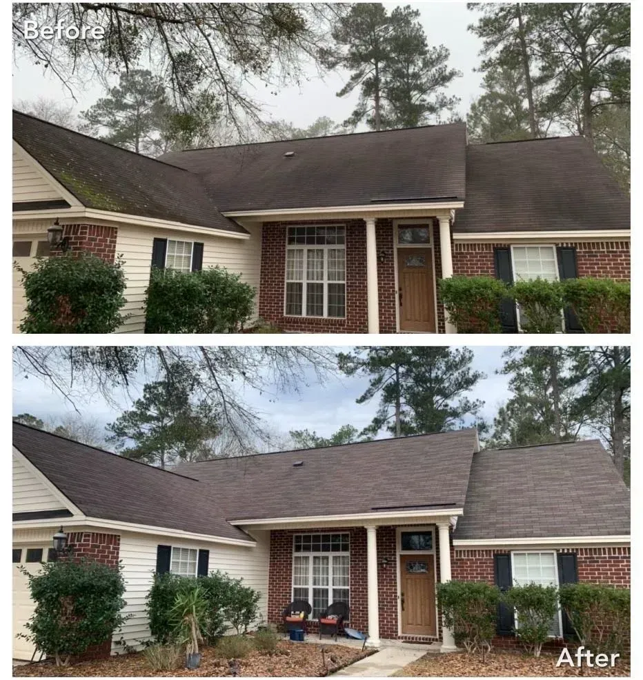 Before and after photos of a house. The roof is cleaned removing moss and stains.