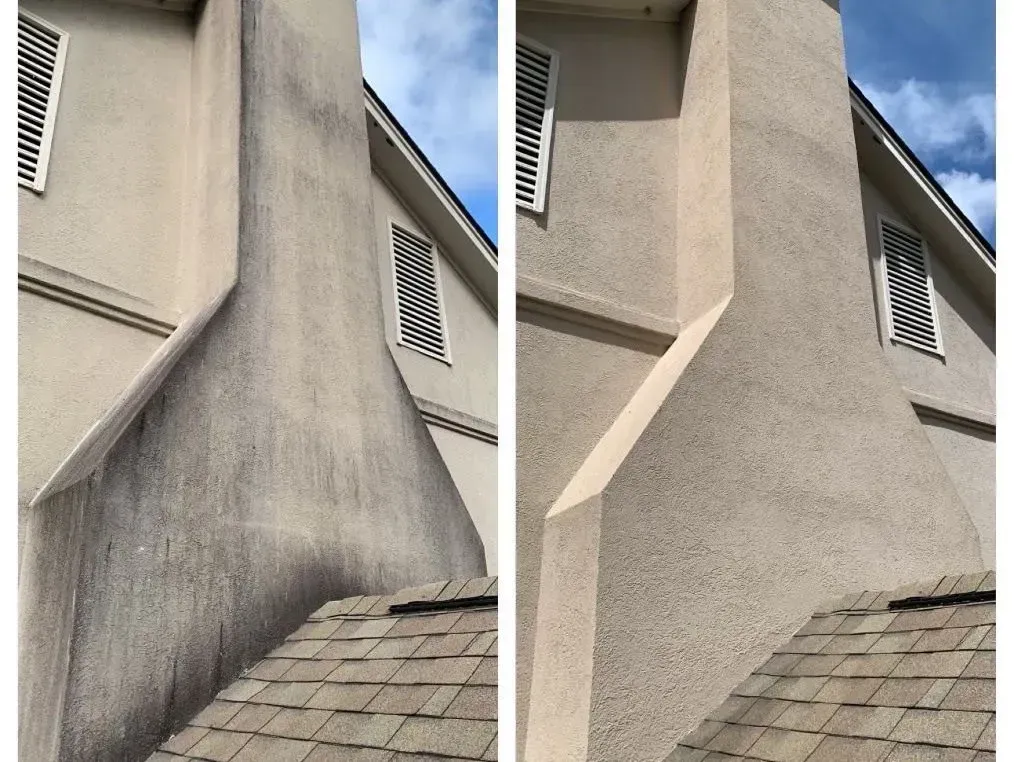 Before and after comparison of a building chimney, showing the exterior cleaned of dirt and grime.