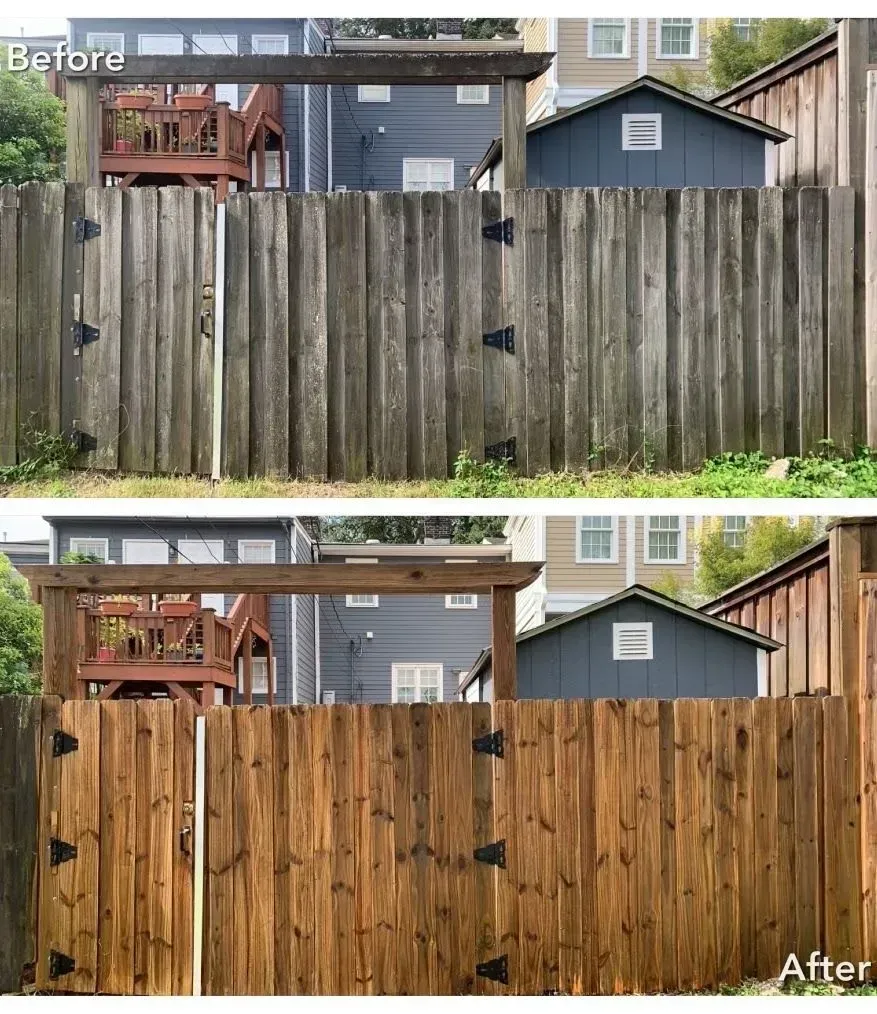 Comparison of a weathered wooden fence (before) and a stained wooden fence (after).