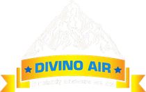 Logo: "DIVINO AIR" in blue on a gold banner below a mountain outline.