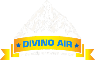Logo: "DIVINO AIR" in blue on a gold banner below a mountain outline.