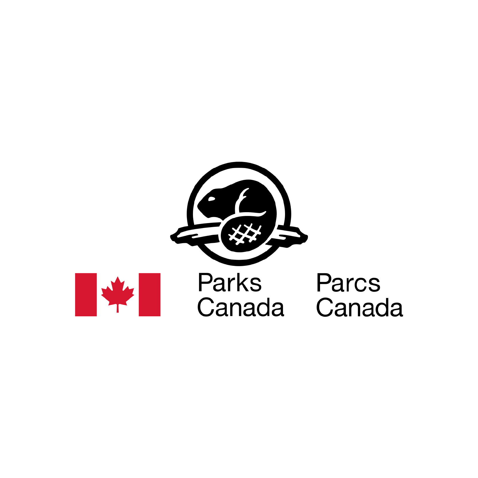 A logo for parks canada with a beaver and a canadian flag.