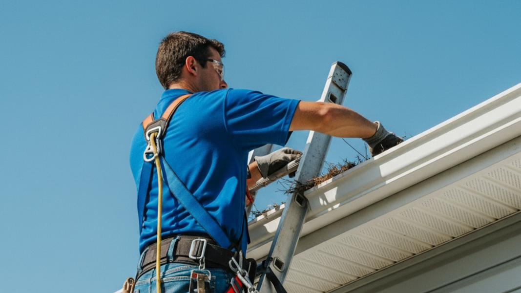 Man on ladder cleaning gutters, blue sky. Safety harness, gloves, and safety glasses.