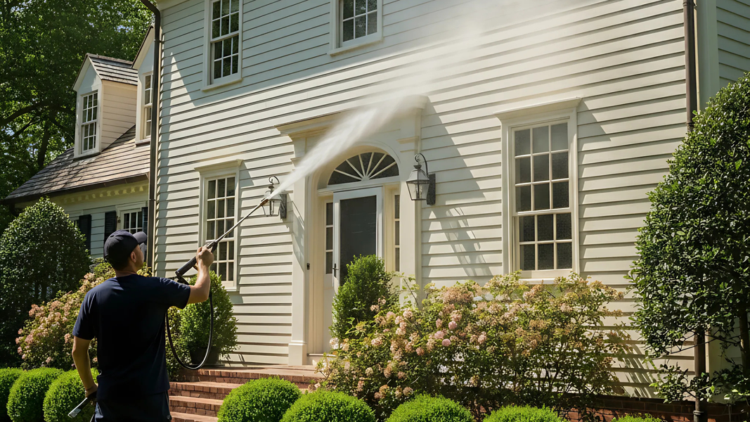 Man power washing a white house's siding with a sprayer; bushes and landscaping in front.