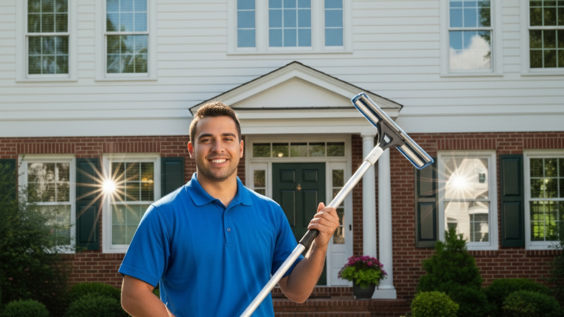Man in blue shirt smiling, holding window squeegee in front of a white house with brick accents.