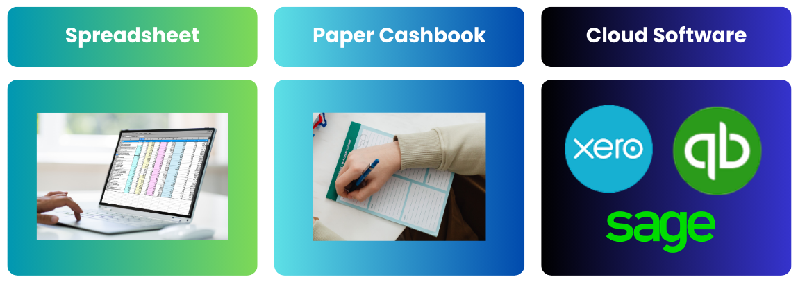 Three cards titled Spreadsheet, Paper Cashbook, and Cloud Software, showing icons for digital tools and manual accounting.