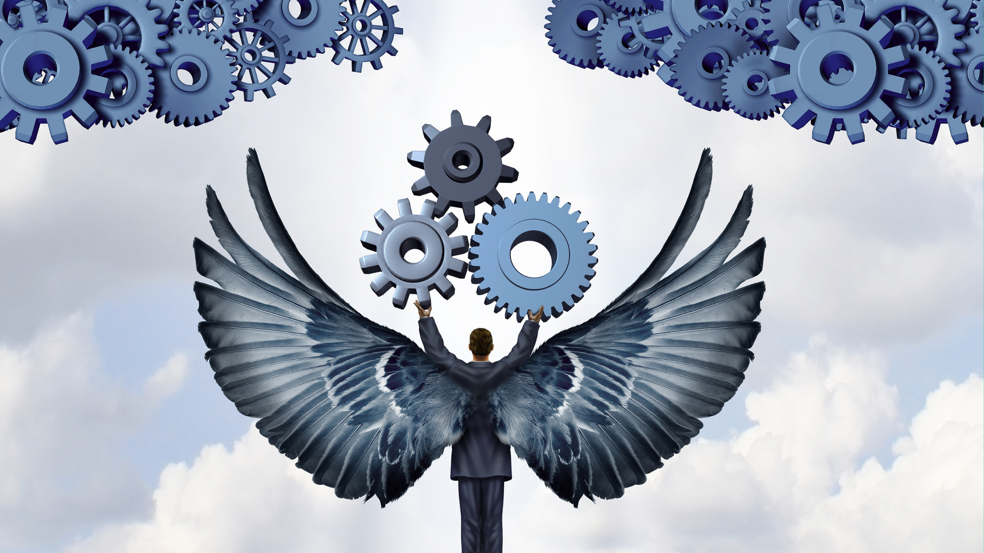 A professional figure with feathered wings holds gears against a cloudy sky, surrounded by other floating mechanical gears.