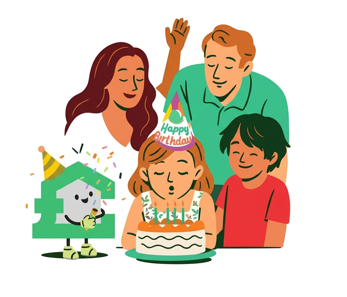 A family celebrates a birthday with a cake, while a stylized, green house character wears a party hat and blows confetti.