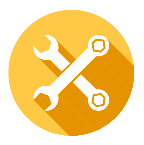 A white icon of two crossed wrenches centered inside a yellow circle with a long shadow.