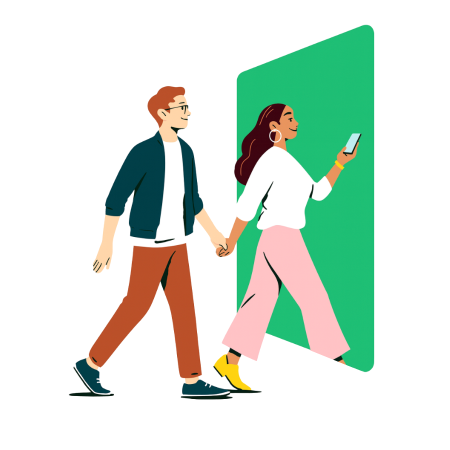 Two people holding hands while walking past a green rectangular shape, with one person using a mobile device.