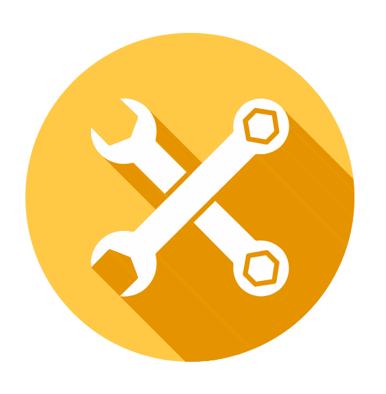 A white icon of two crossed wrenches centered inside a yellow circle with a long shadow.