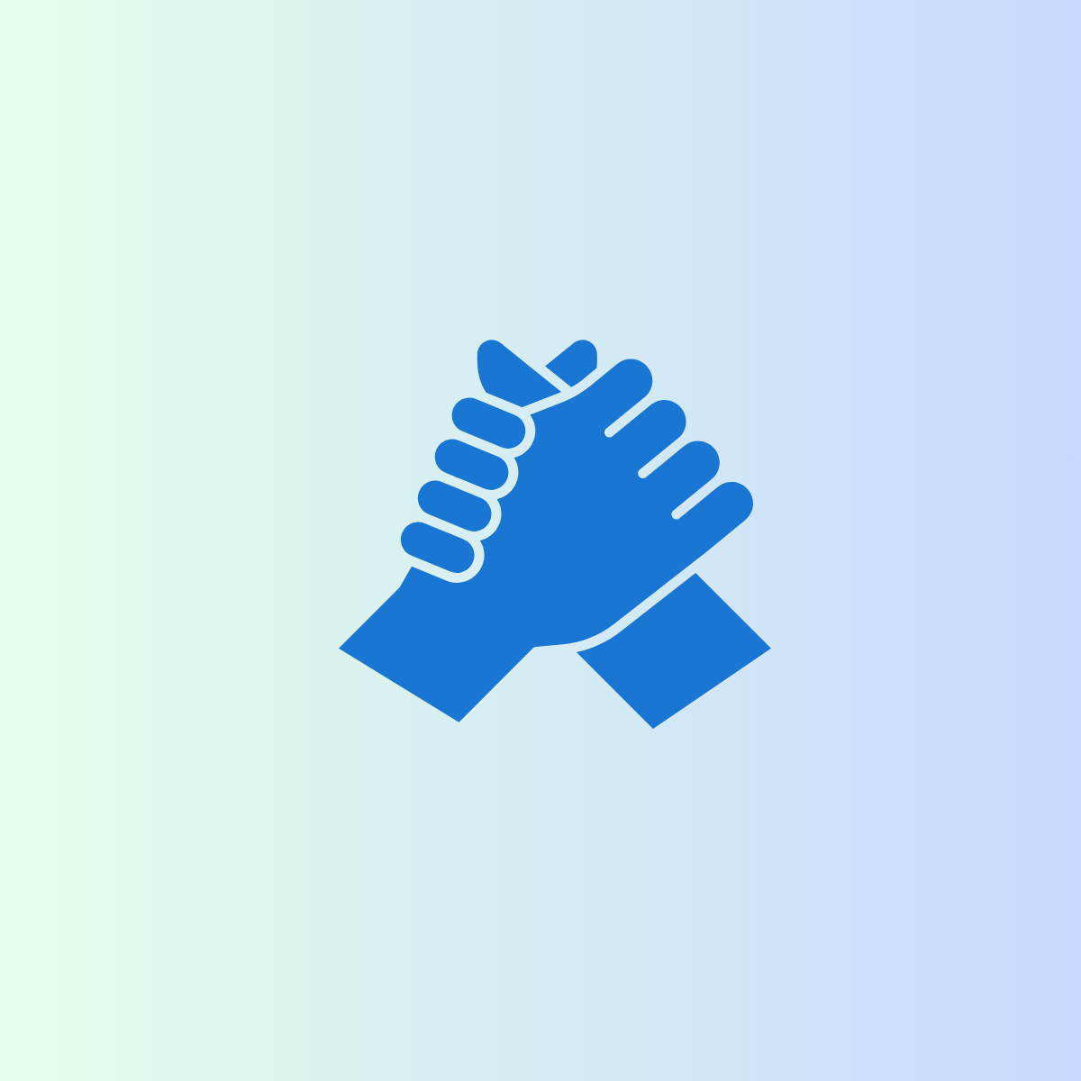 Blue icon of two hands clasping each other in a firm forearm grip, set against a light blue to green gradient background.