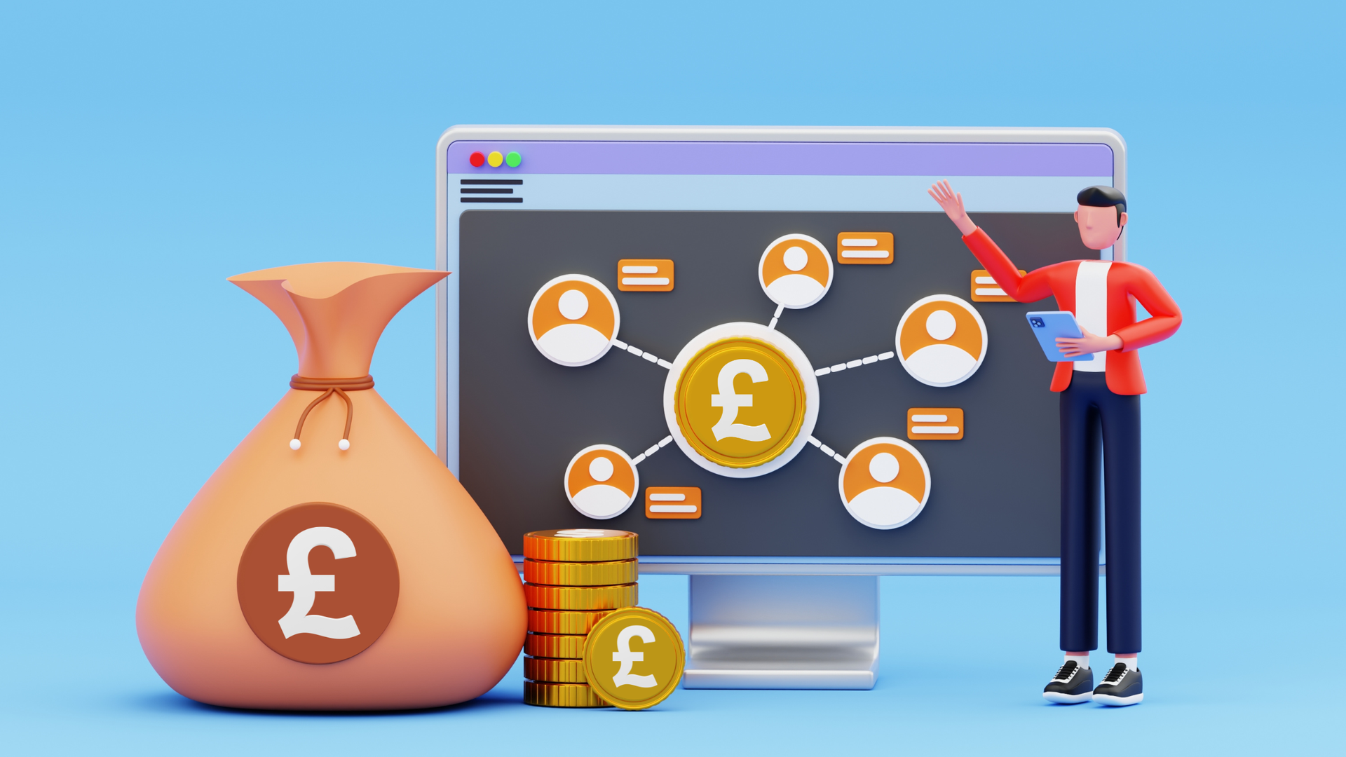 A person in a red blazer presents a network diagram connected to a pound symbol on a computer screen near a money bag.