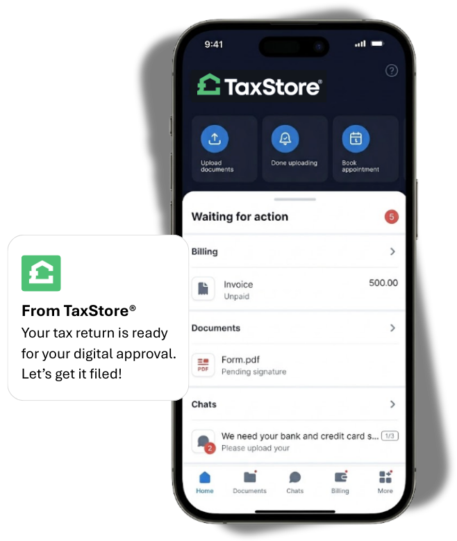 A TaxStore mobile app screen shows a notification: 